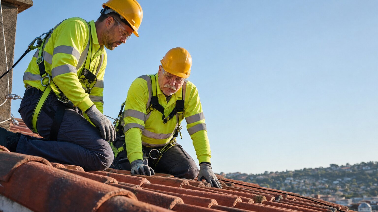 Two roofers in hi-vis and fall-arrest harnesses examining terracotta tiles on a pitched roof