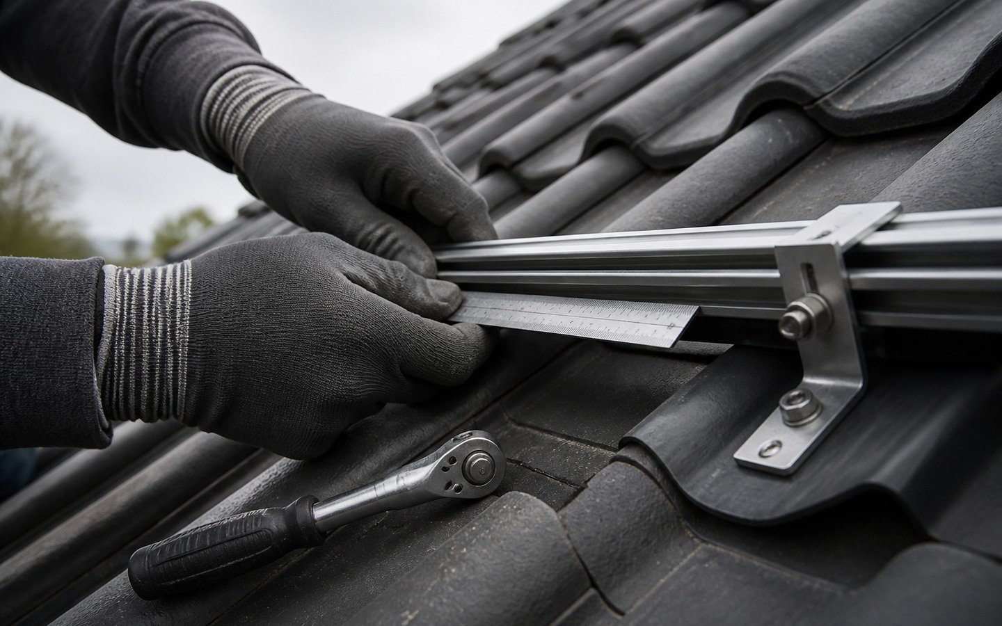 Pre-set photovoltaic mounting brackets installed with the roof covering